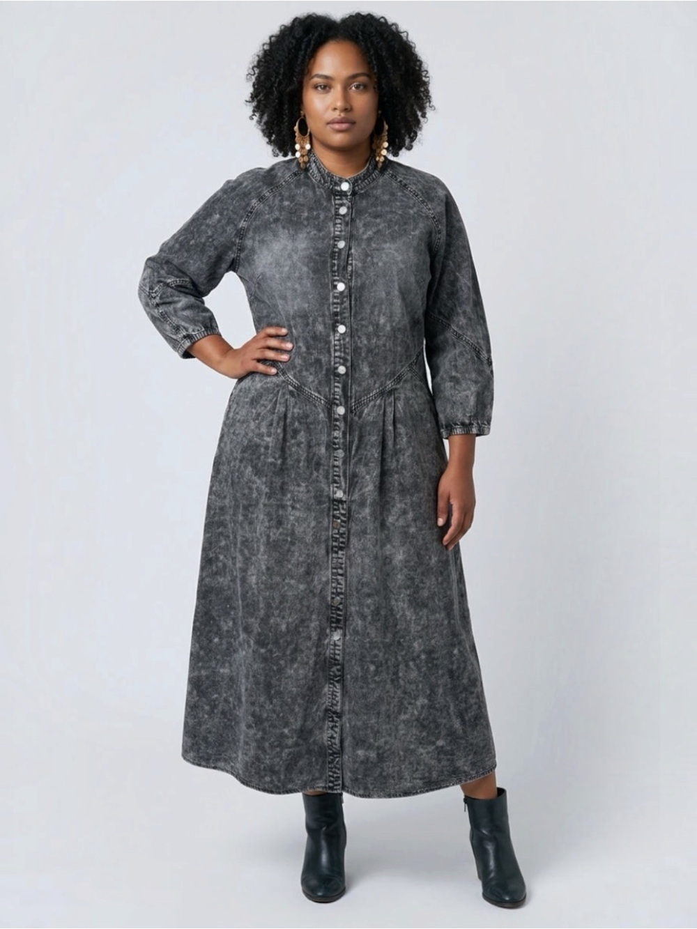 Harper Washed Denim Button Front Midi Dress Sz XL 90s Western
